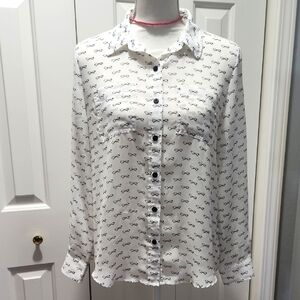 White Button-Up Shirt with Black Bow Print